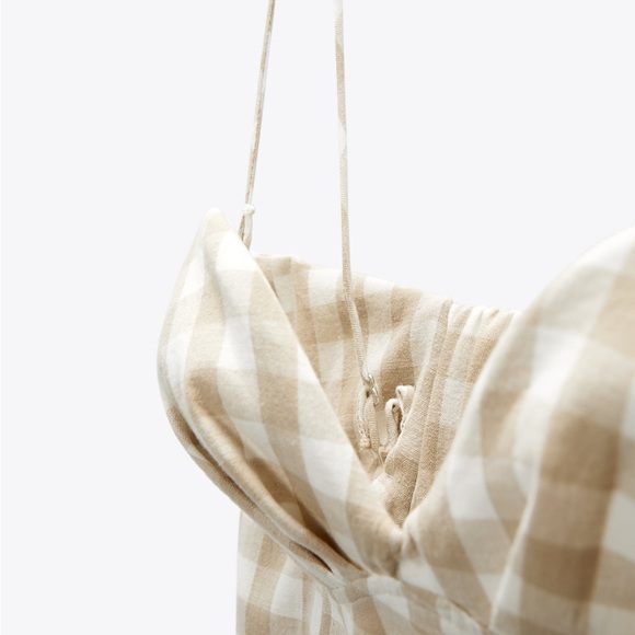 Zara Gingham Checked Linen Bustier Sweetheart Mini Dress Tan White S - Picture 9 of 12